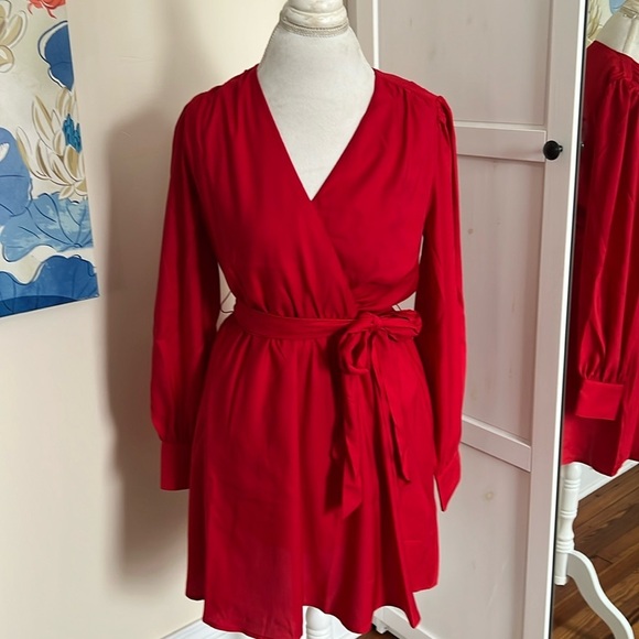 Express Red Surplus Neckline Long Sleeve Elastic Waist Dress - NWT - Size S - Picture 2 of 11